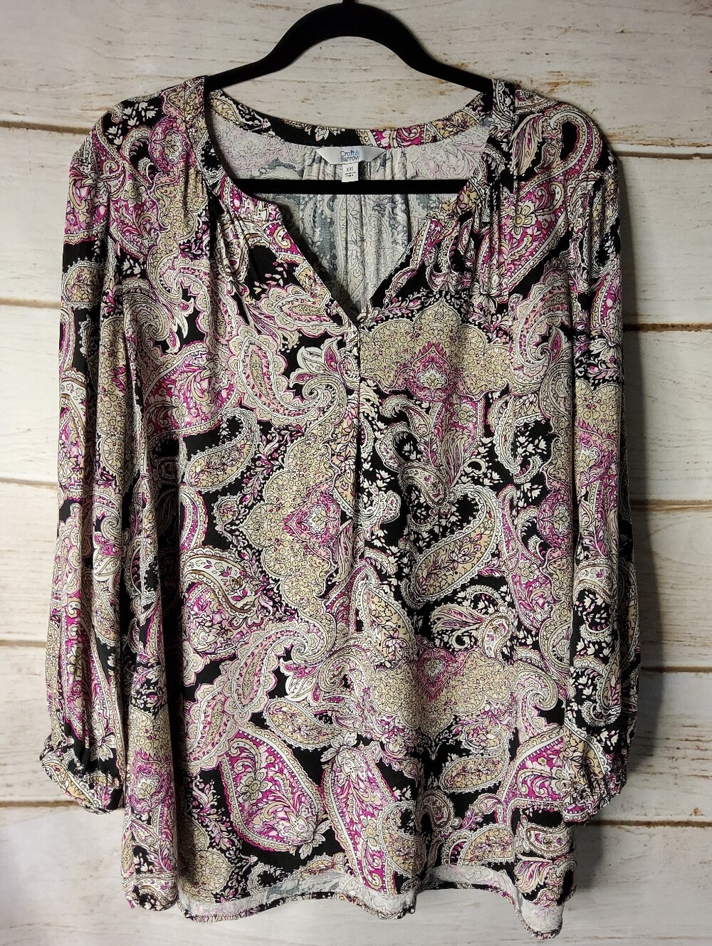 croft & barrow Black Paisley V-Neck Blouse with Pink Accents